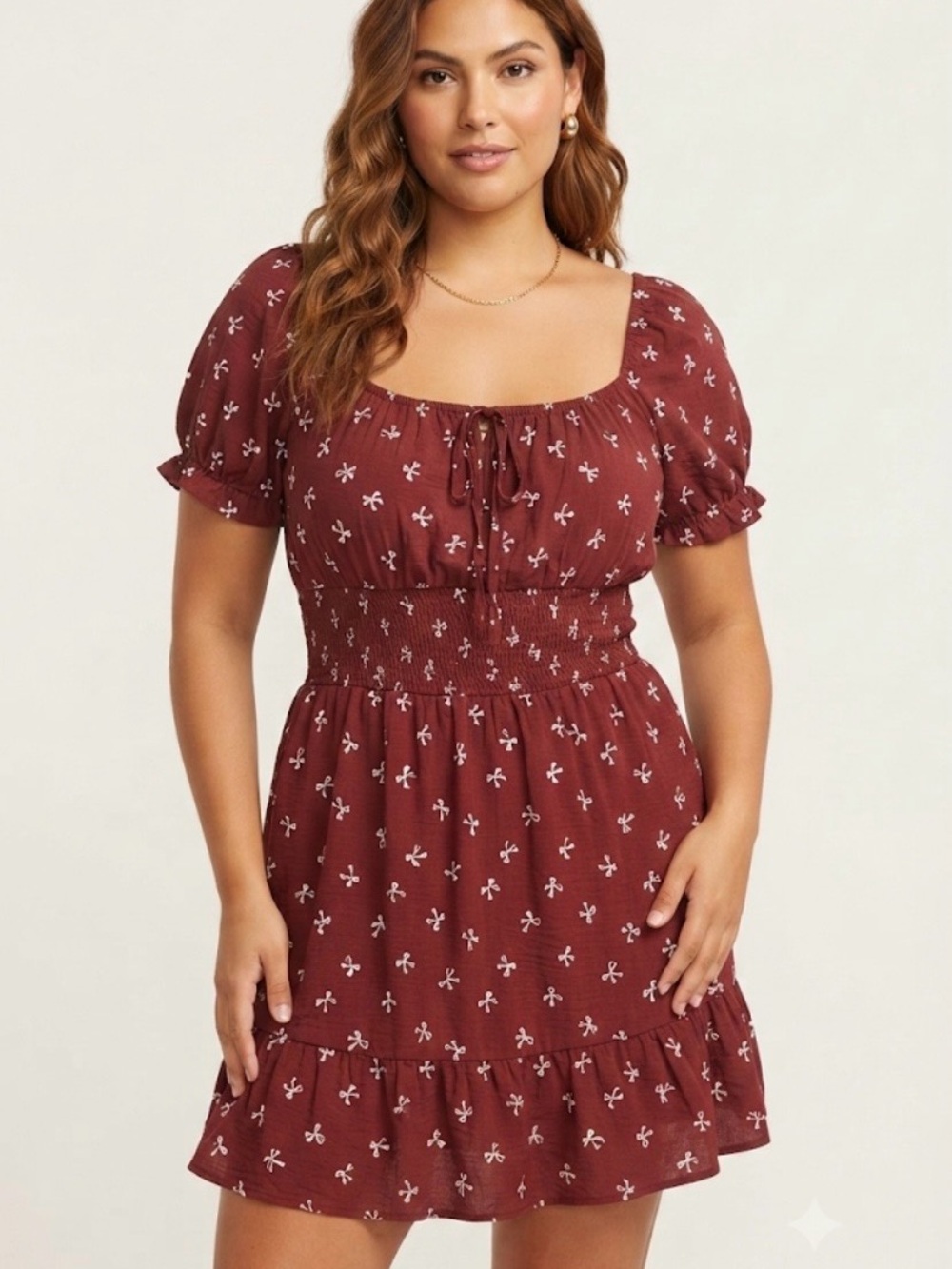 Cottage Milkmaid Hesperus Maroon Bow Print Smocked Mini Dress XL